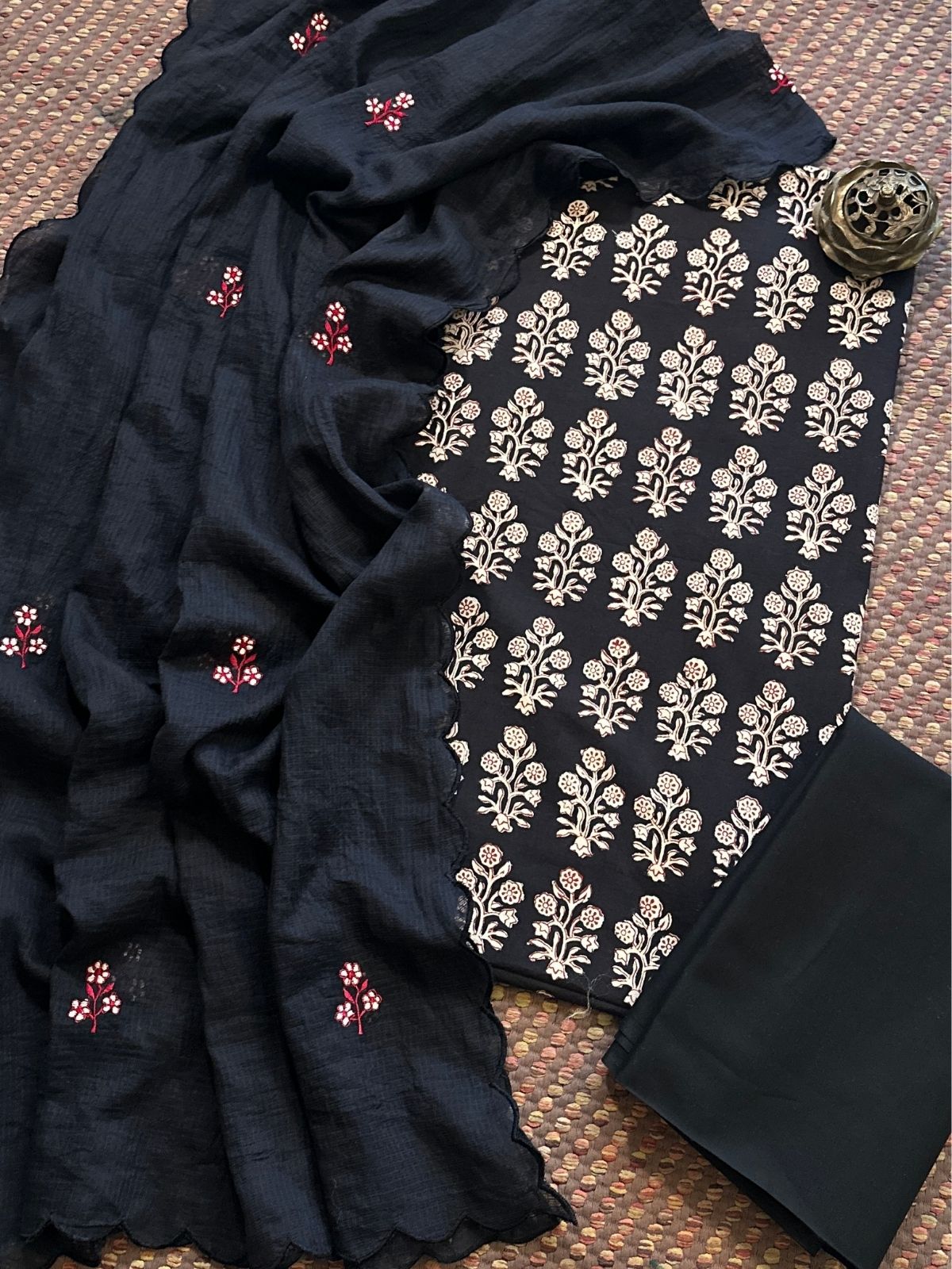 Pure Cotton Hand-block Fabric with Embroidered Bottom & Kota Doria Dupatta
